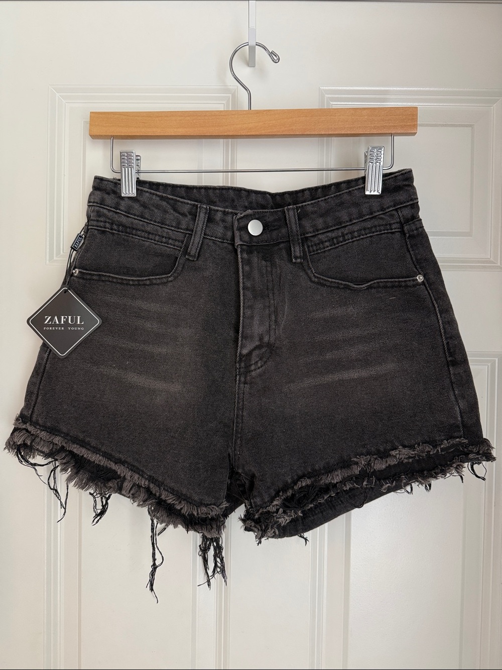 Zaful Washed Black High-Rise Distressed Denim Shorts